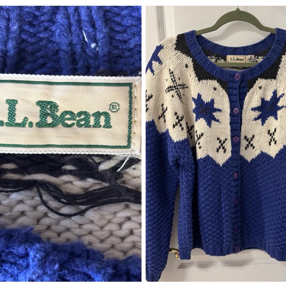 Vintage L.L. Bean Blue Violet and Cream Cardigan Ramie Cotton Sweater size XL